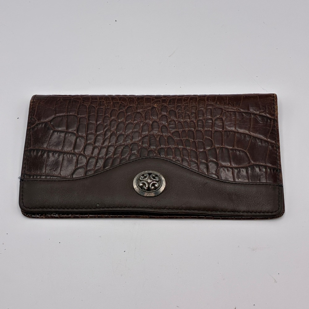 Brighton Long Wallet Brown Croc Embossed Leather Silver Medallion Checkbook